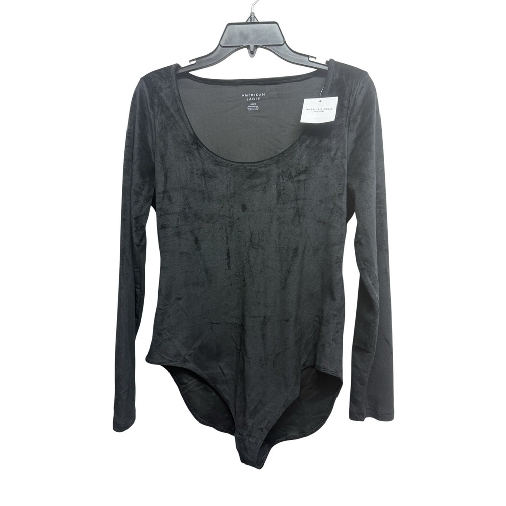 NWT American Eagle Women's Sz LG Black Velvet Scoop Neck Long Sleeve Bodysuit‎